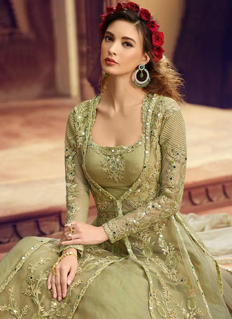 Pastel Green Heavy Embroidered Jacket Style Lehenga