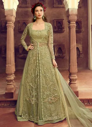 Pastel Green Heavy Embroidered Jacket Style Lehenga