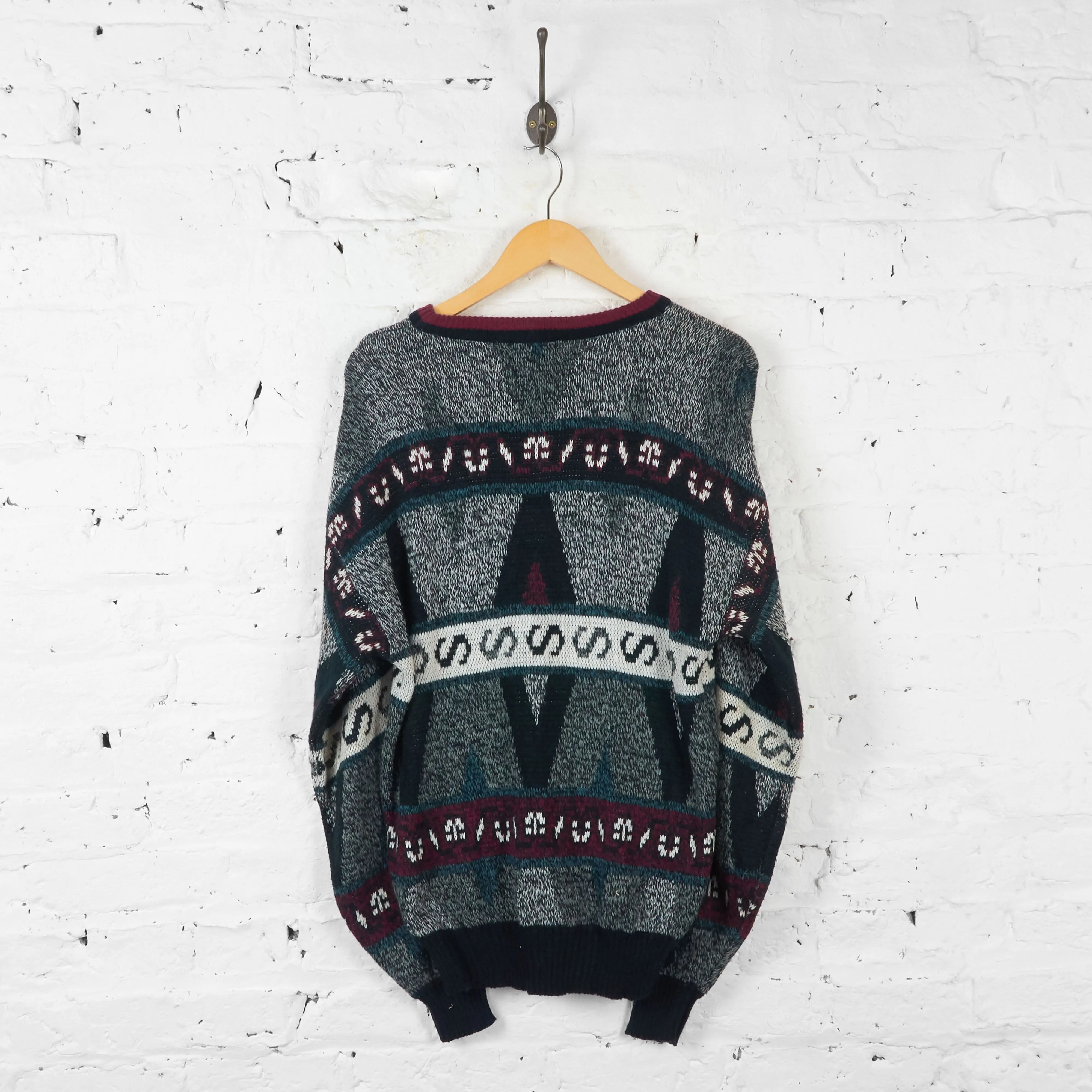 Patterned 90s Knit Jumper - Grey - M