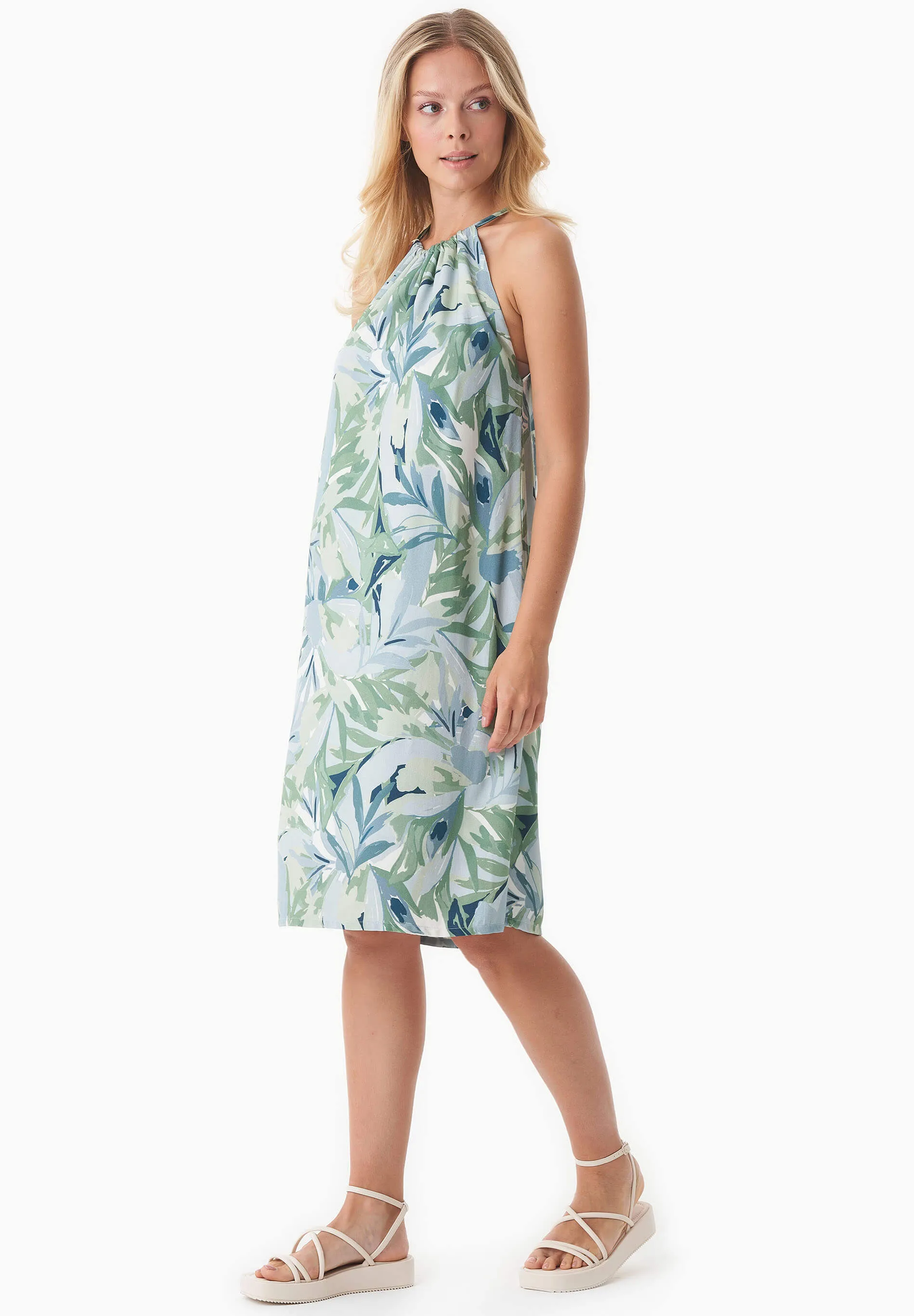 Patterned Viscose Halterneck Dress Abstract Leaf