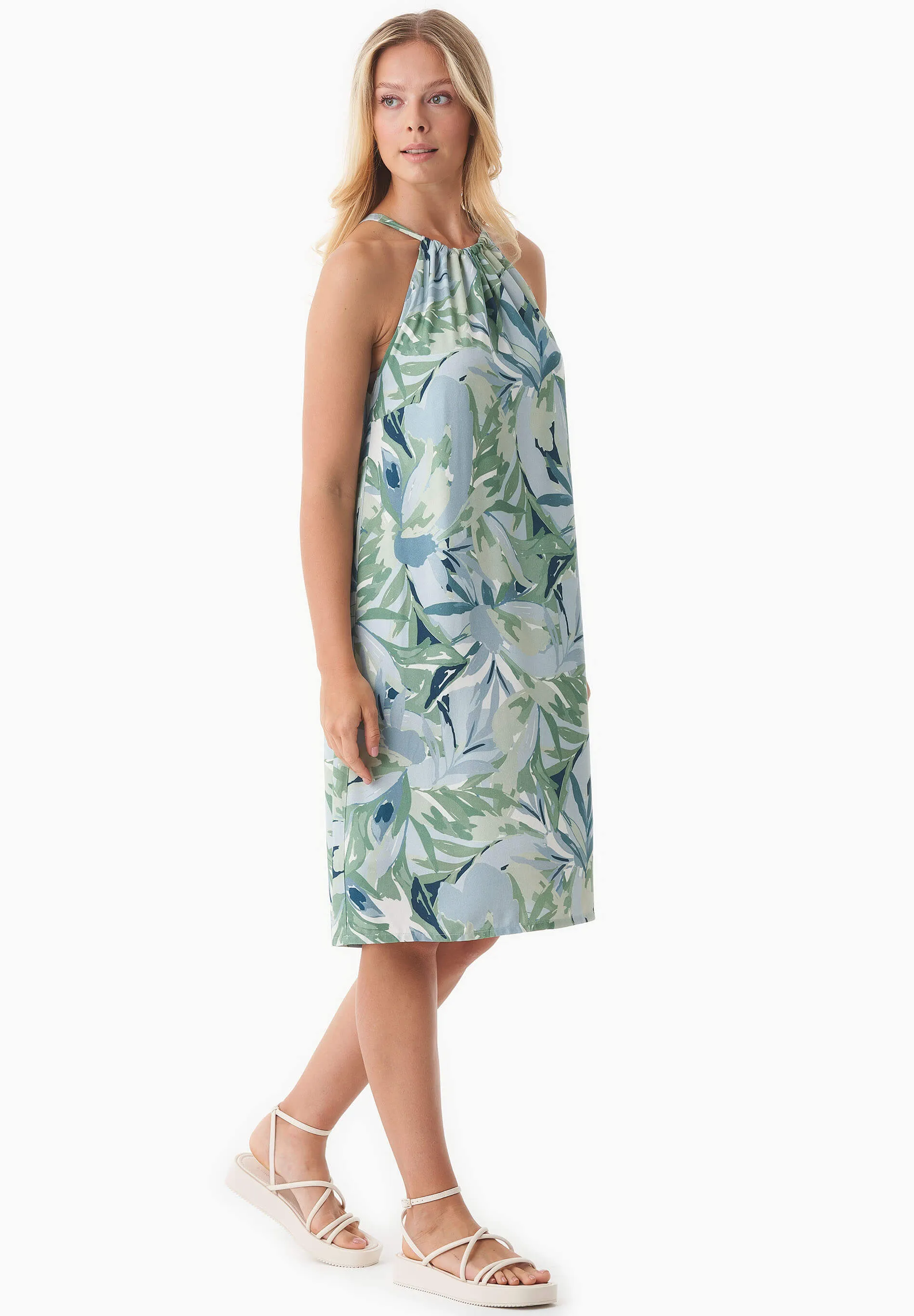 Patterned Viscose Halterneck Dress Abstract Leaf