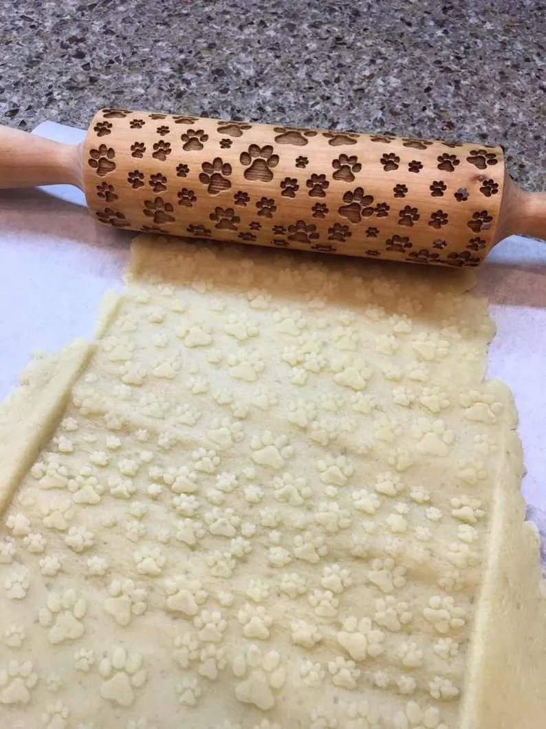 PAWS Embossed Engraved Rolling Pin Cat and Dog Paws Christmas Gift,Textured Cookies, Ceramic Roller Pottery, Clay Stamp, Baking Gift, Shortbread Sugar Cookie
