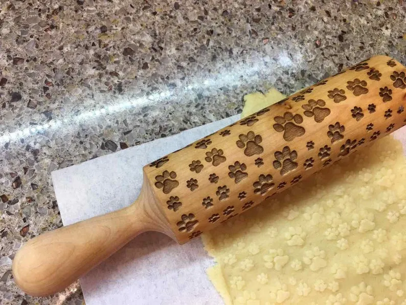 PAWS Embossed Engraved Rolling Pin Cat and Dog Paws Christmas Gift,Textured Cookies, Ceramic Roller Pottery, Clay Stamp, Baking Gift, Shortbread Sugar Cookie