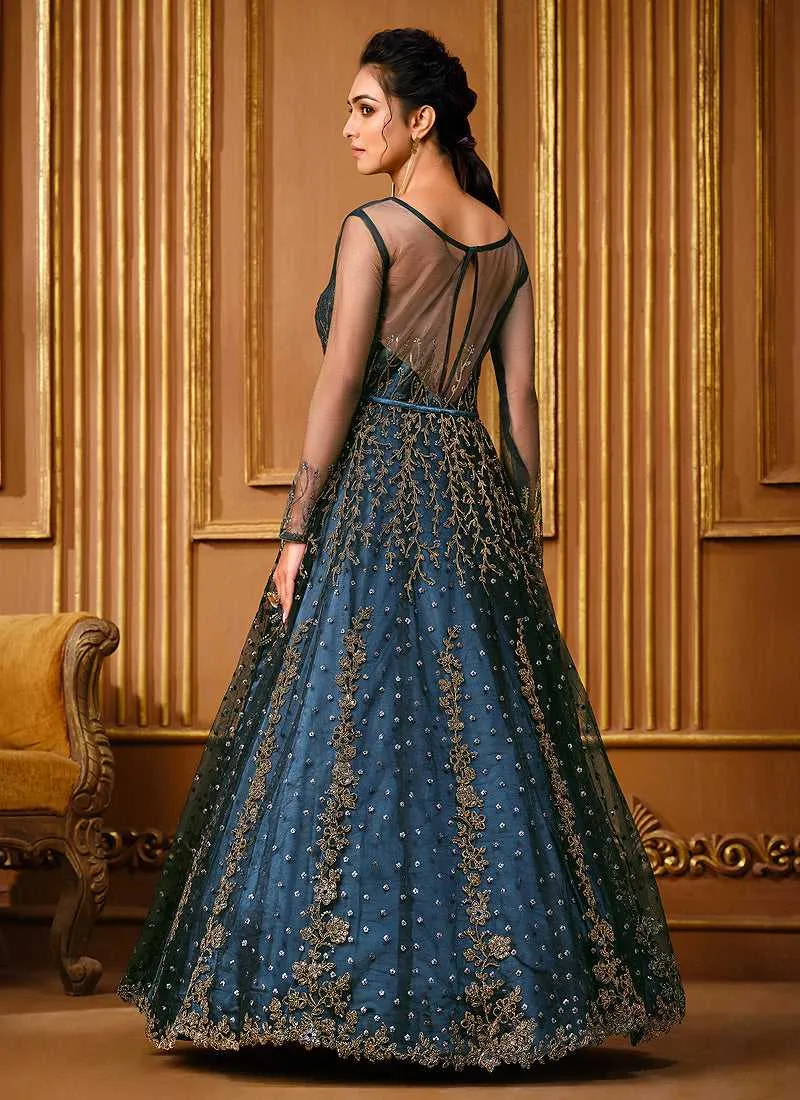 Peacock Blue Heavy Embroidered High Slit Style Designer Suit