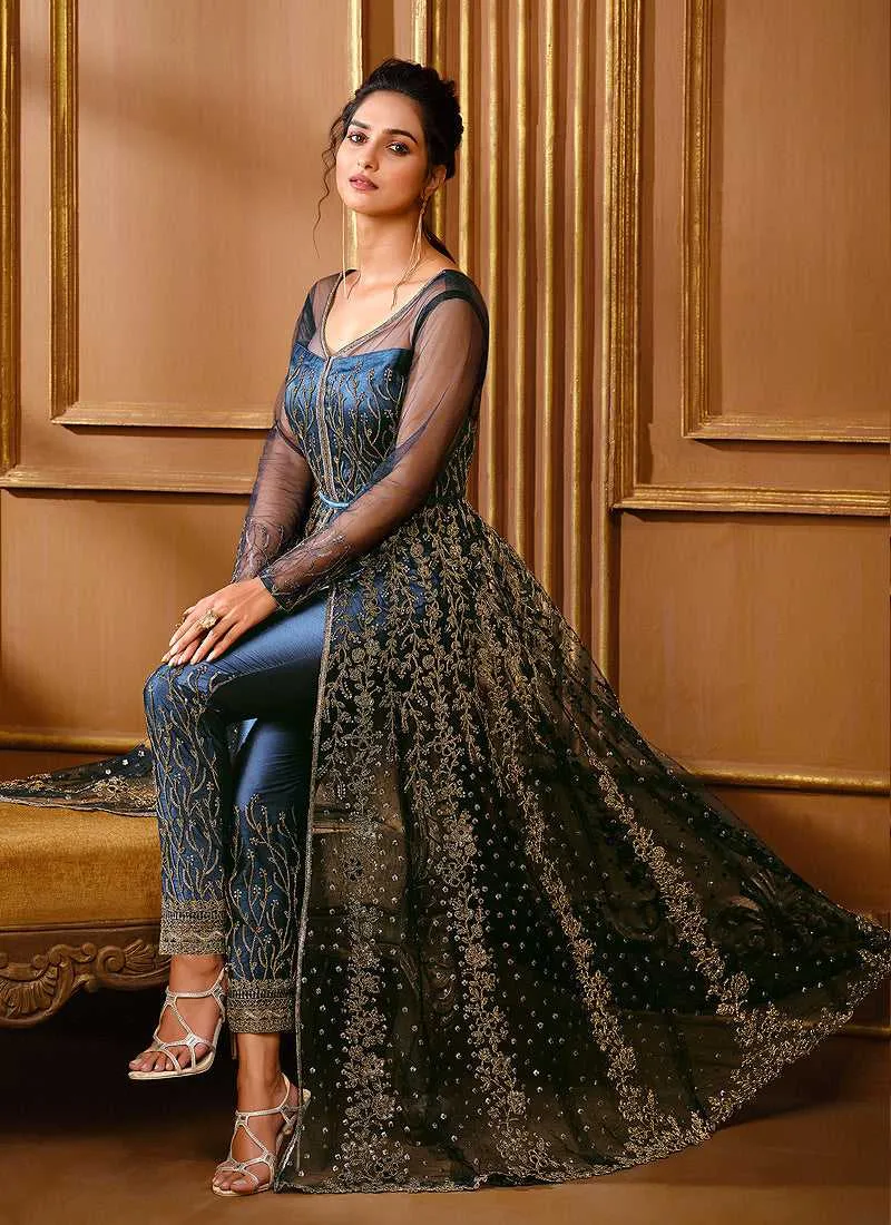 Peacock Blue Heavy Embroidered High Slit Style Designer Suit