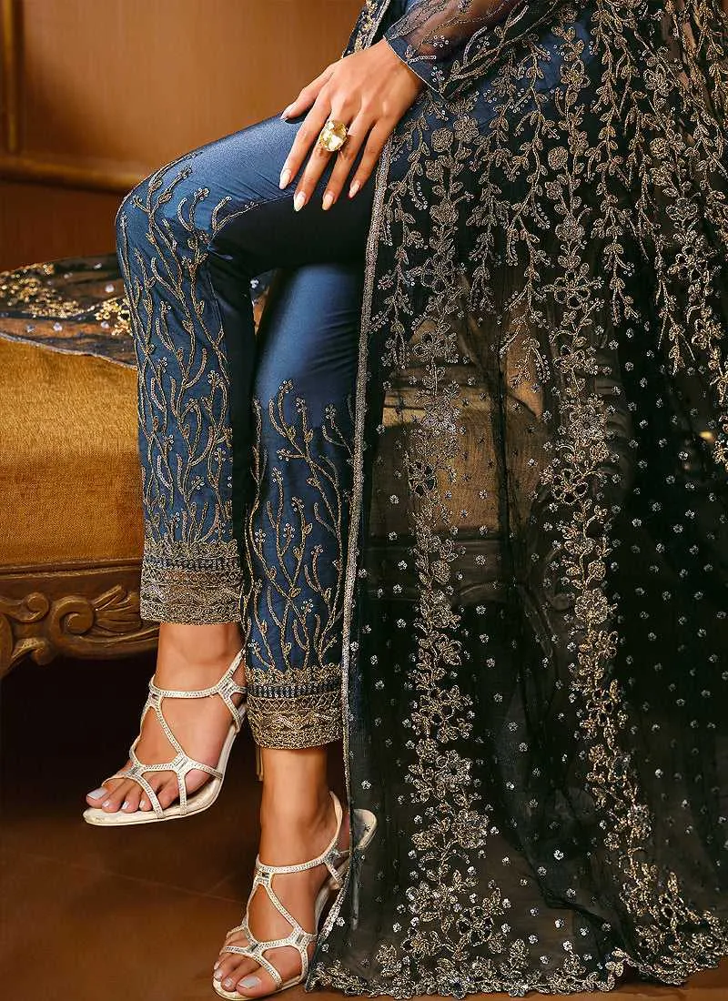 Peacock Blue Heavy Embroidered High Slit Style Designer Suit