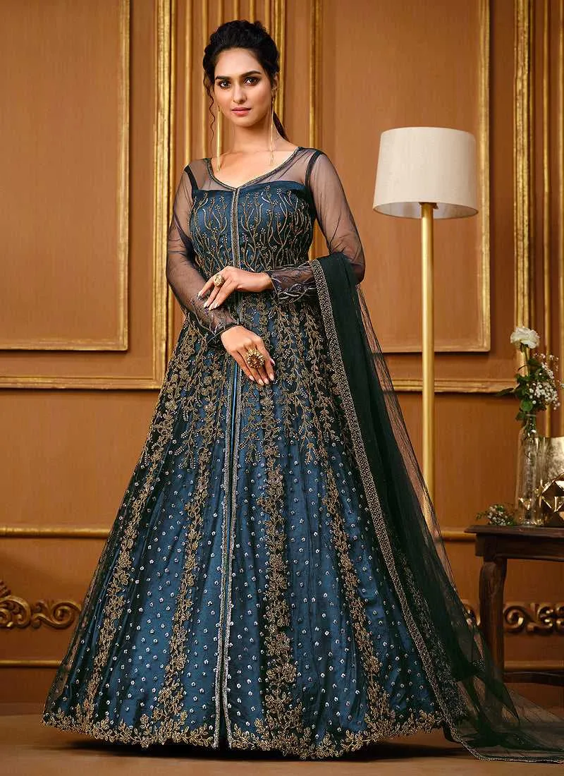 Peacock Blue Heavy Embroidered High Slit Style Designer Suit