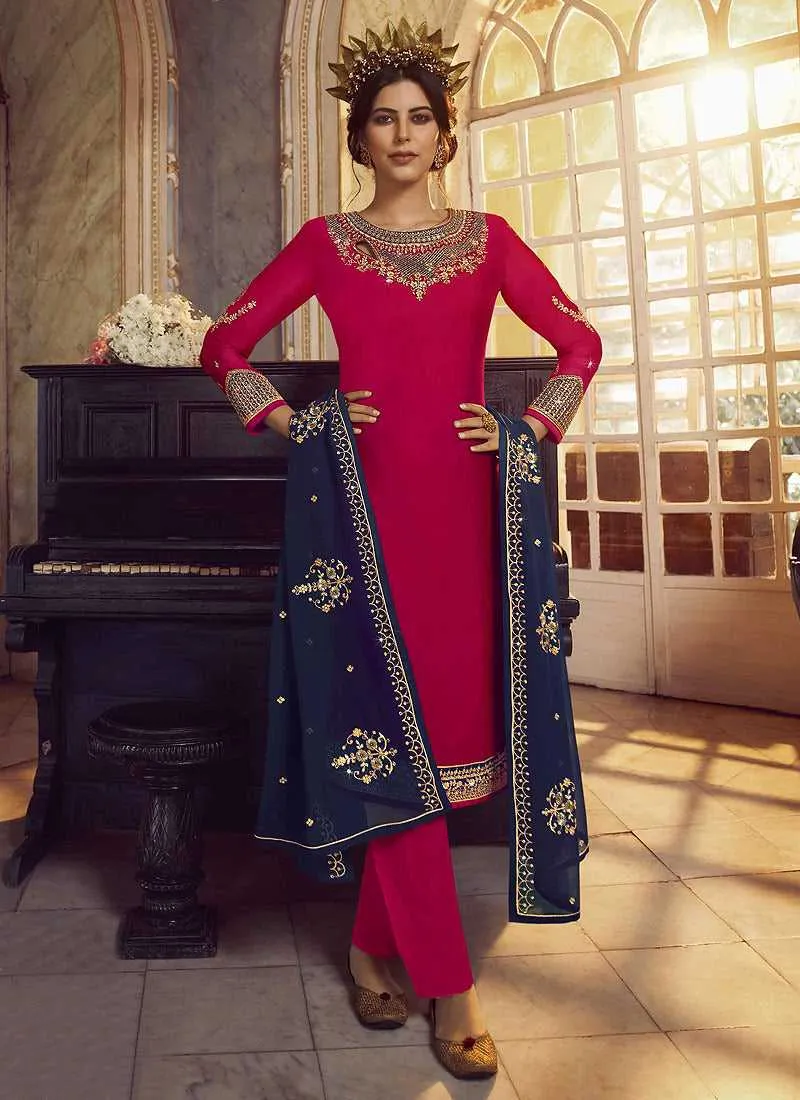 Pink and Blue Heavy Embroidered Lehenga/ Pant Style Suit