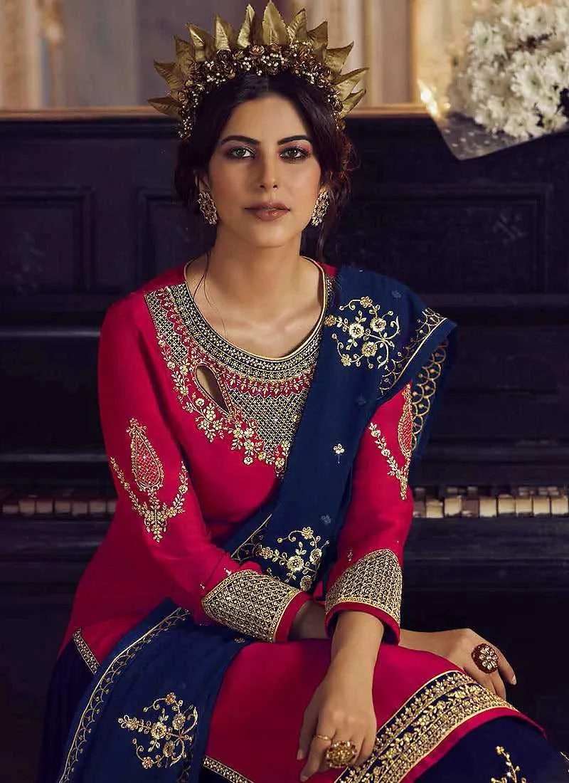 Pink and Blue Heavy Embroidered Lehenga/ Pant Style Suit