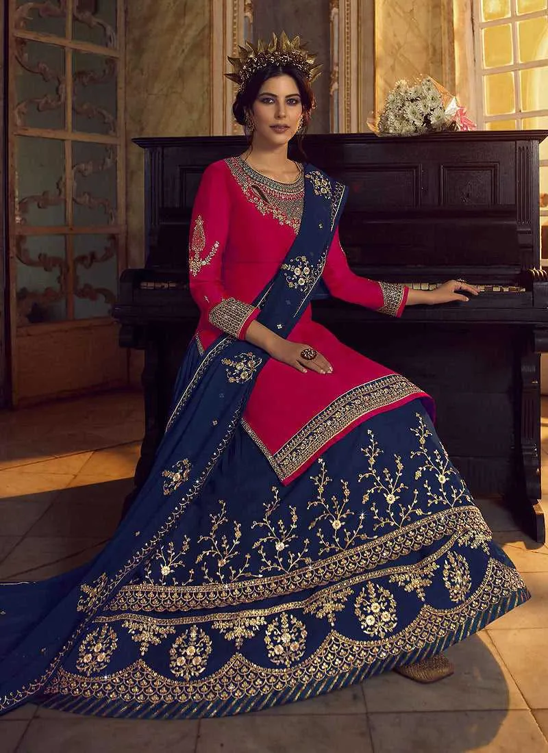 Pink and Blue Heavy Embroidered Lehenga/ Pant Style Suit