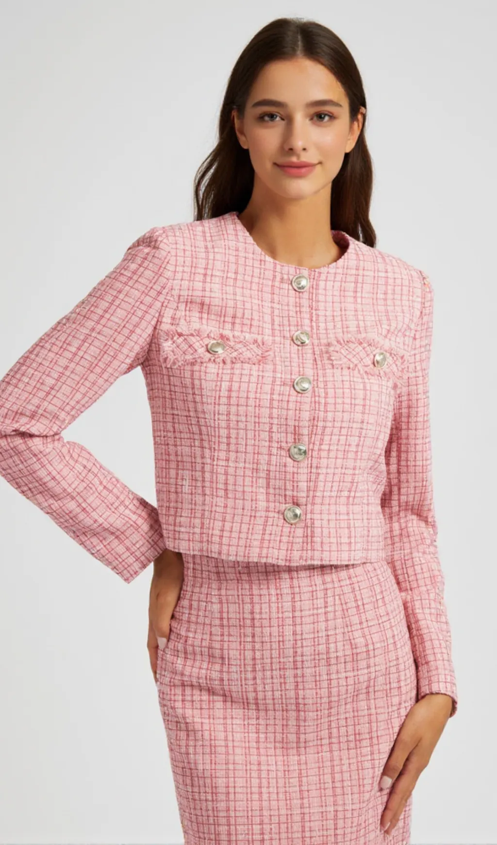Pink Check Knit Cardigan