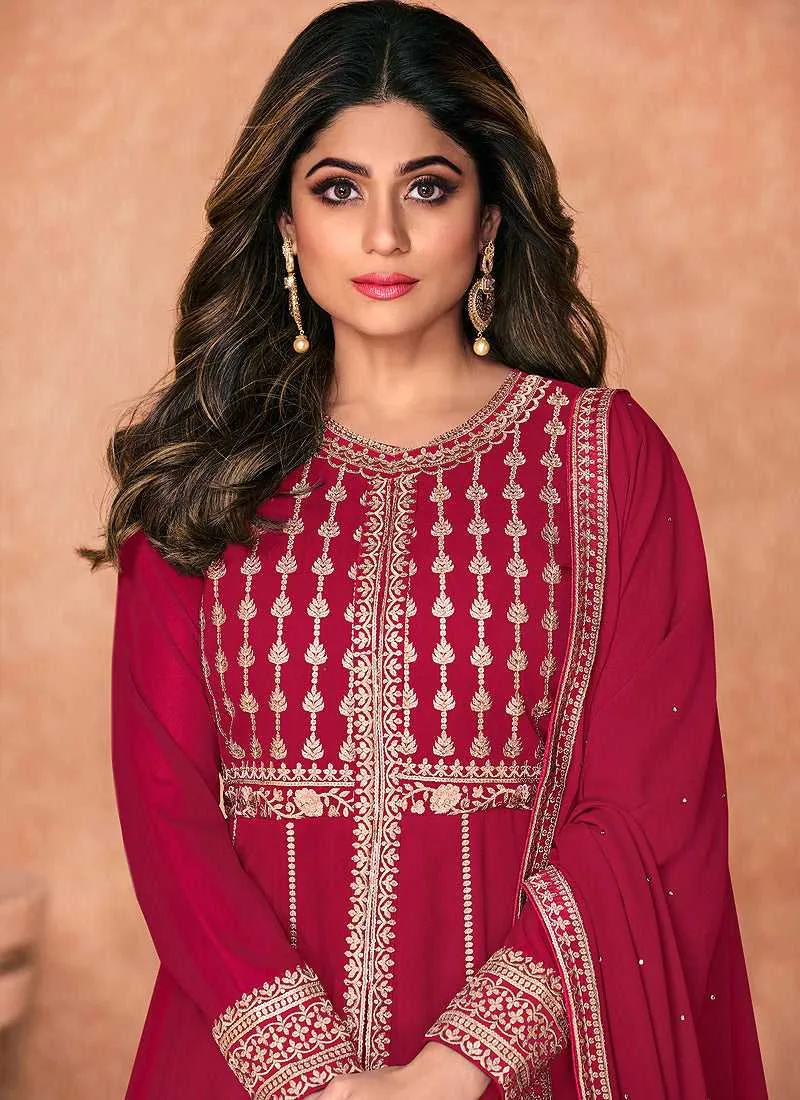 Pink Heavy Embroidered Slit Style Anarkali Lehenga