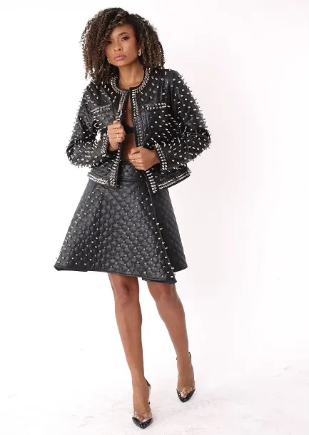 Pleather Quilted Flared Skirt with Studs- 81948
