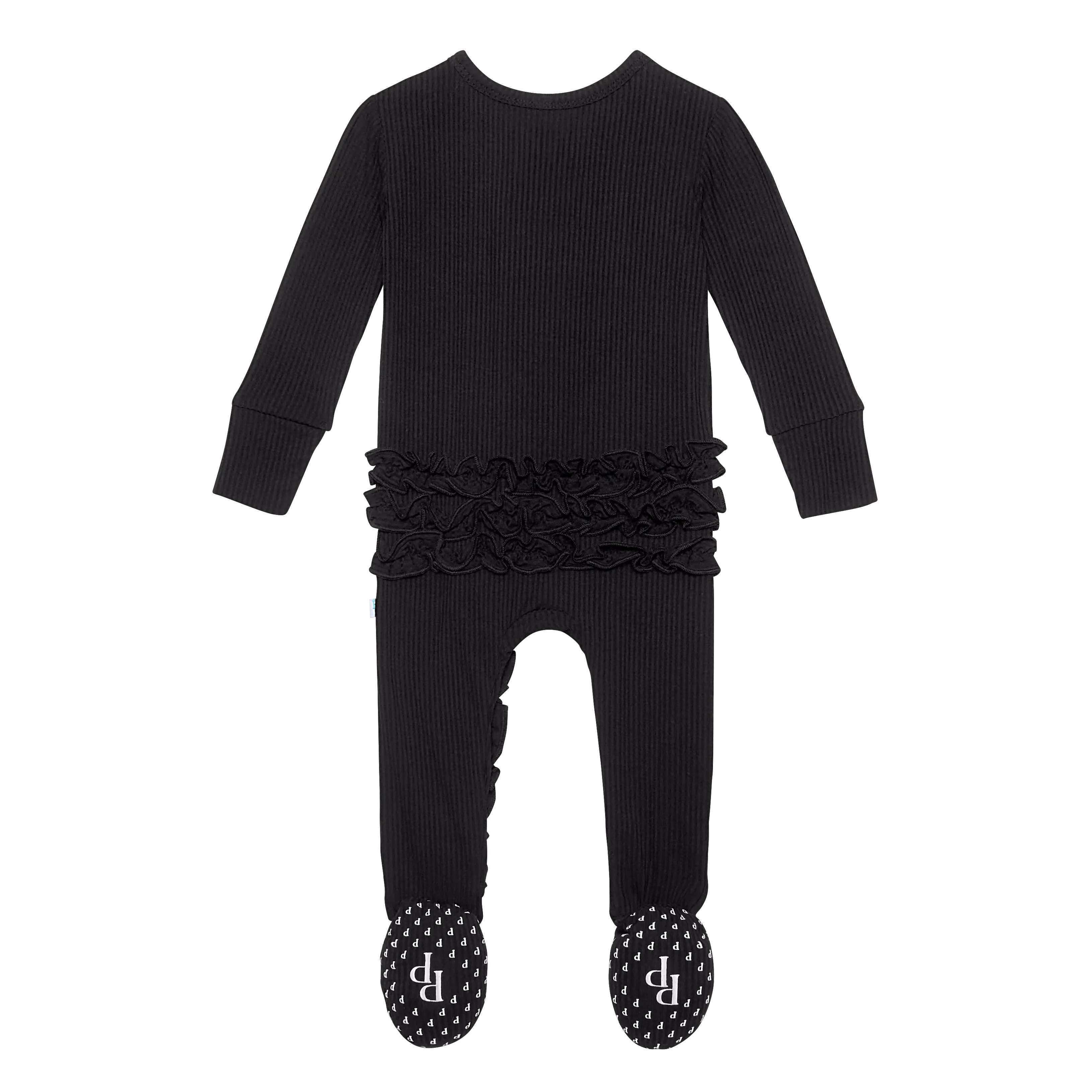Posh Peanut Solid Ribbed Black Ruffled Zippered Footie