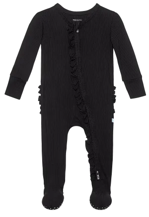 Posh Peanut Solid Ribbed Black Ruffled Zippered Footie