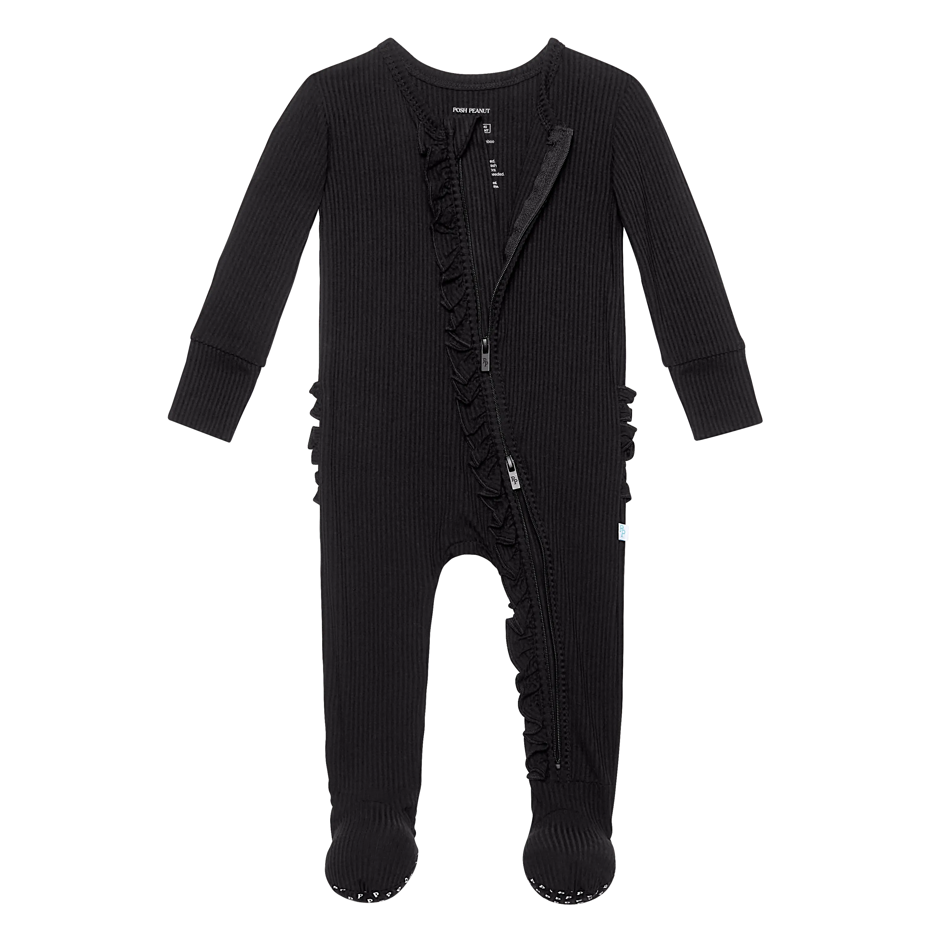Posh Peanut Solid Ribbed Black Ruffled Zippered Footie