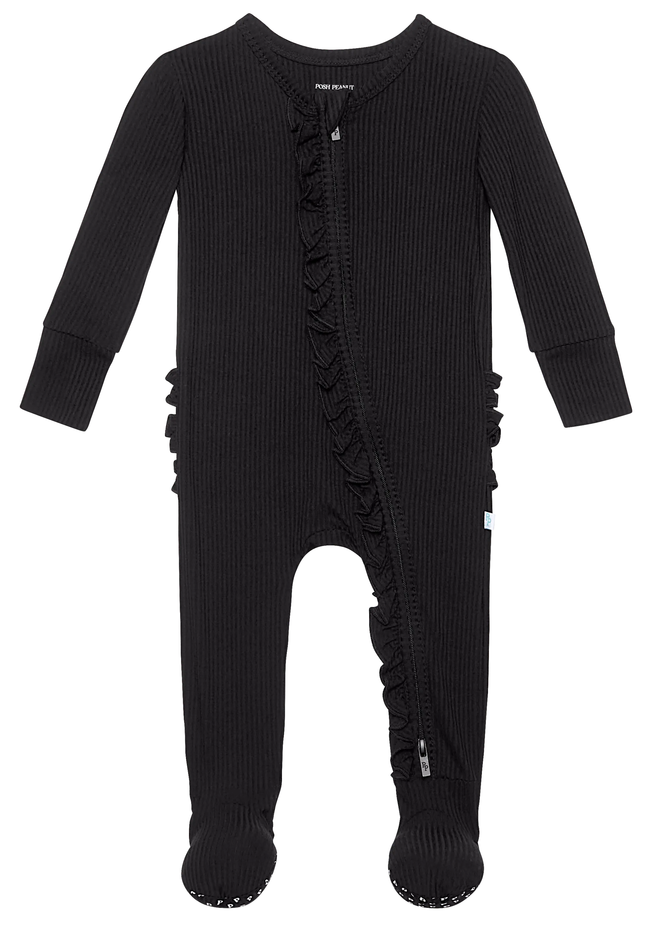 Posh Peanut Solid Ribbed Black Ruffled Zippered Footie