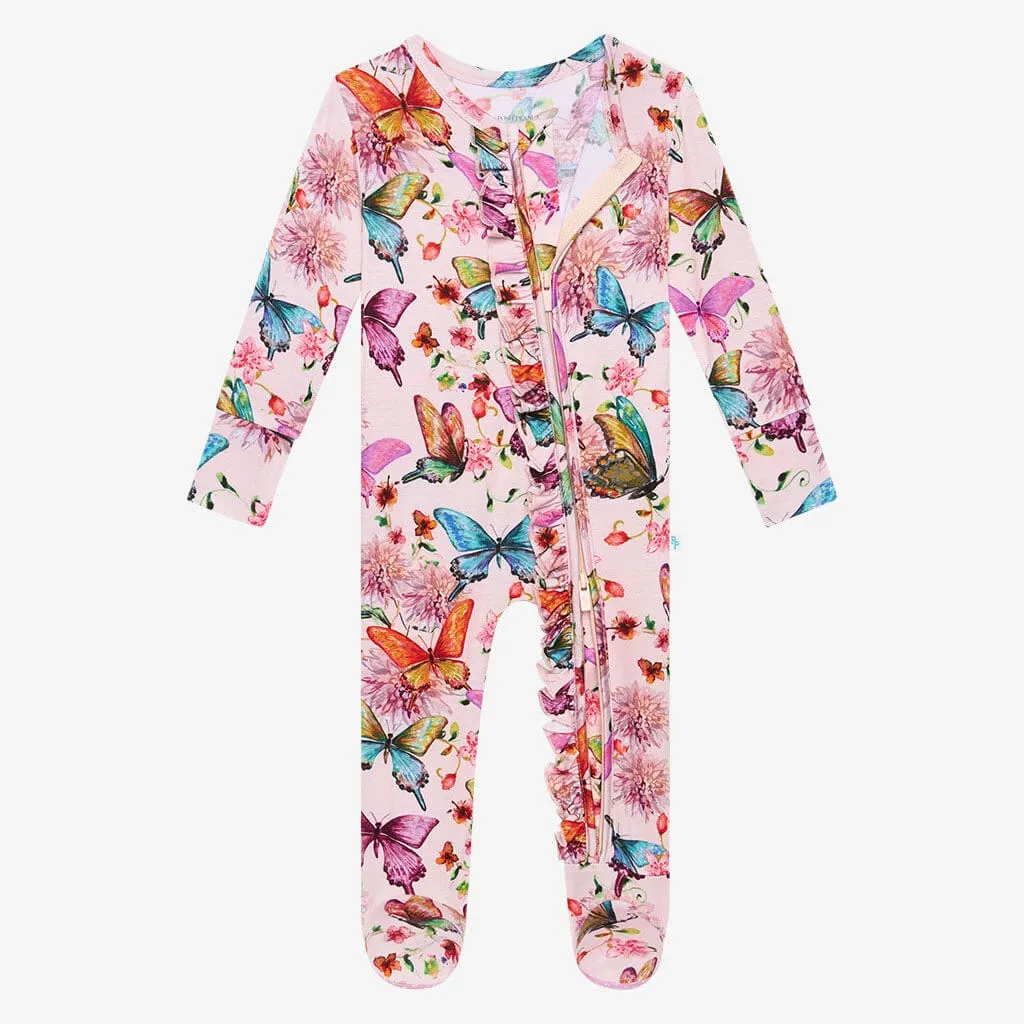 Posh Peanut Watercolor Butterfly Ruffled Zippered Footie