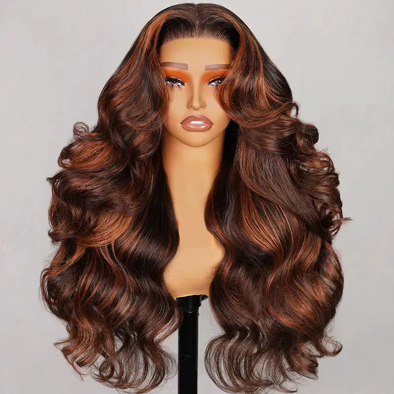 Pull Go 13x4 Lace Wig Brown with Ginger Highlights Body Wave Transparent Lace Frontal Human Hair Wig
