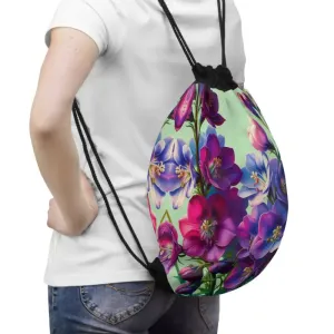 Purple Flowers Drawstring Bag in Polyester