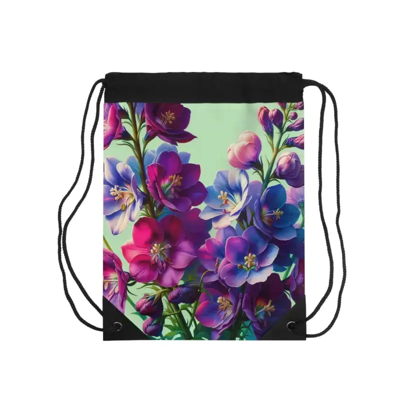 Purple Flowers Drawstring Bag in Polyester