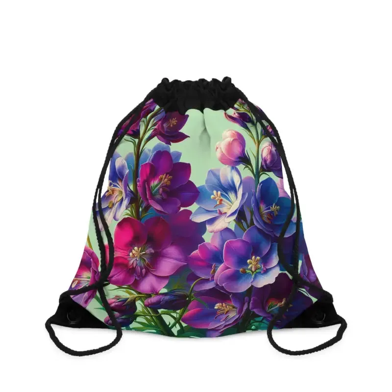 Purple Flowers Drawstring Bag in Polyester