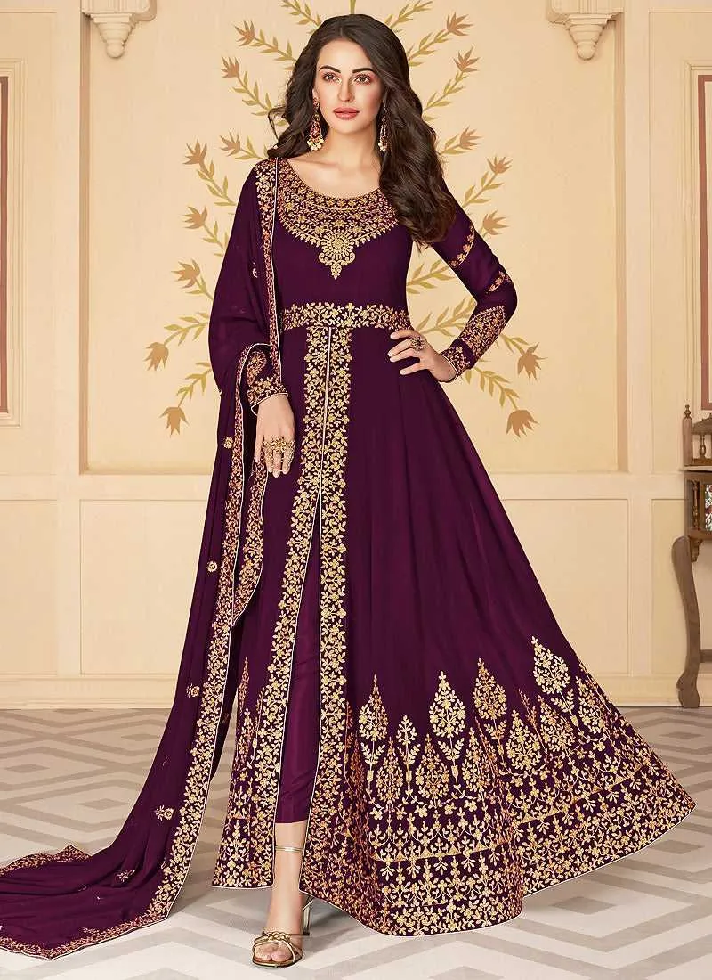 Purple Heavy Embroidered High Slit Style Anarkali