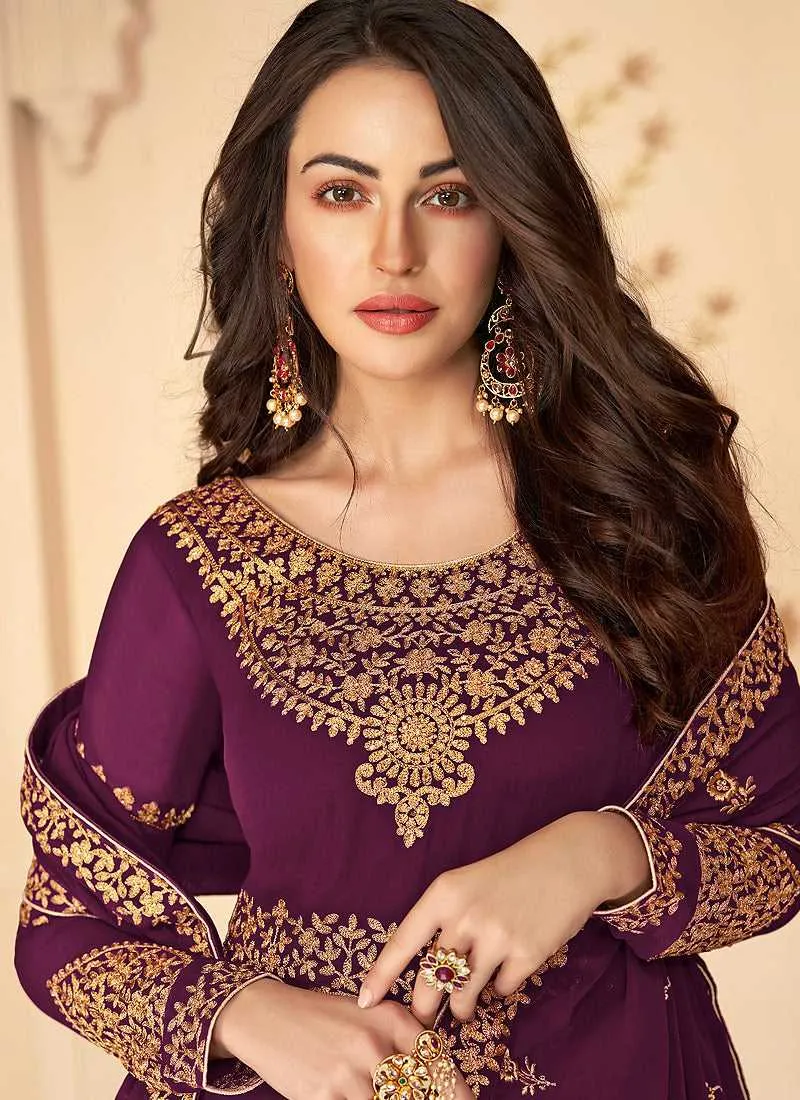 Purple Heavy Embroidered High Slit Style Anarkali