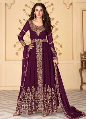 Purple Heavy Embroidered High Slit Style Anarkali