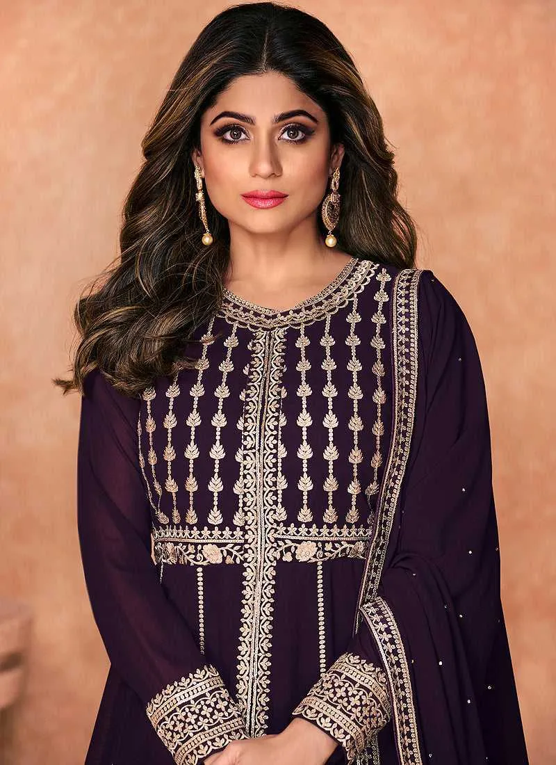Purple Heavy Embroidered Slit Style Anarkali Lehenga