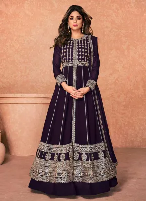Purple Heavy Embroidered Slit Style Anarkali Lehenga