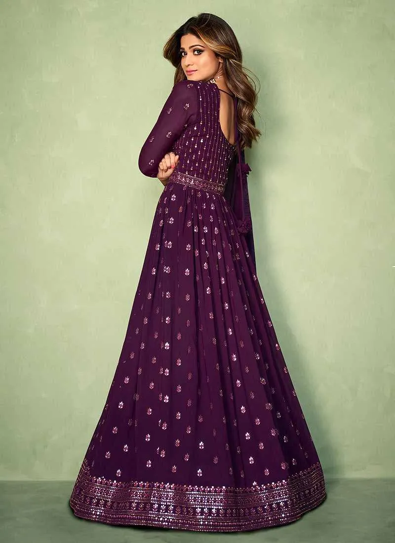 Purple Sequins Embroidered Jacket Style Anarkali Suit