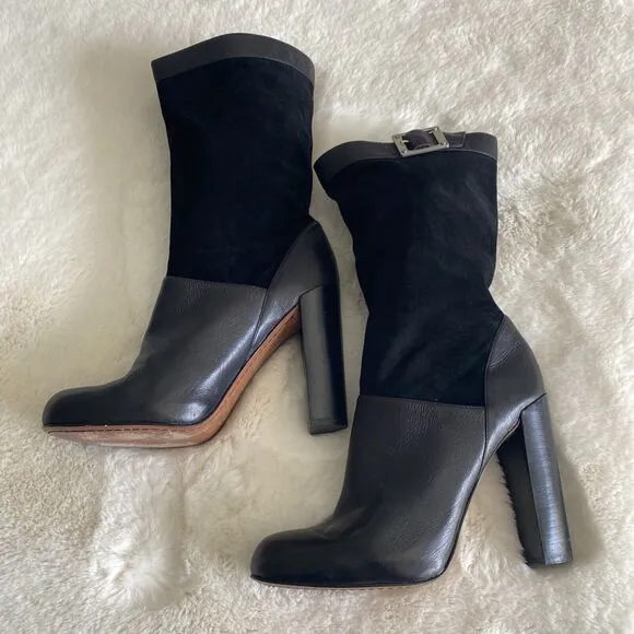 Rachel Zoe Women's 8.5 Claudia Black Leather Suede Slouch Buckle‎ Heeled Boot