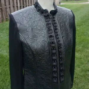 READ Nygard Black Genuine Leather Quilted Floral Rosette Long Sleeve Zip Jacket