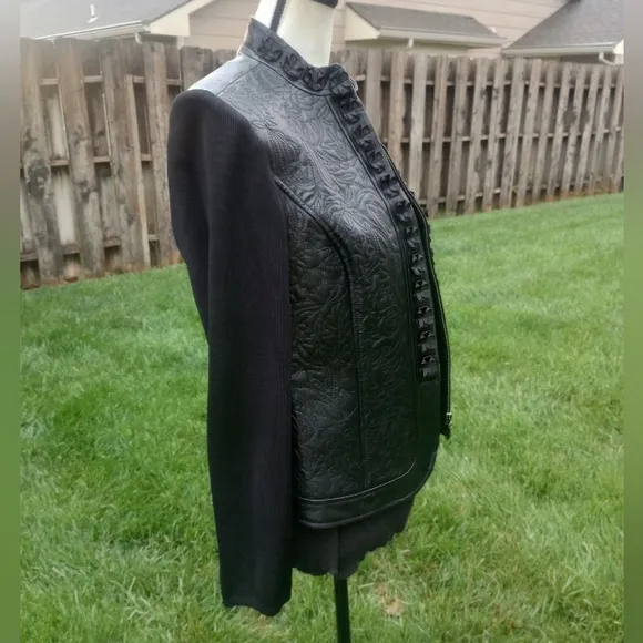 READ Nygard Black Genuine Leather Quilted Floral Rosette Long Sleeve Zip Jacket