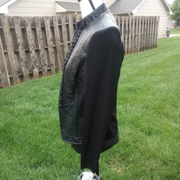 READ Nygard Black Genuine Leather Quilted Floral Rosette Long Sleeve Zip Jacket