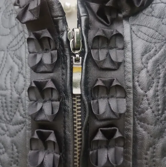 READ Nygard Black Genuine Leather Quilted Floral Rosette Long Sleeve Zip Jacket
