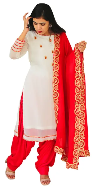 Red and White Color Georgette Kurti and Dupatta with Viscose Silk Patiala Salwar