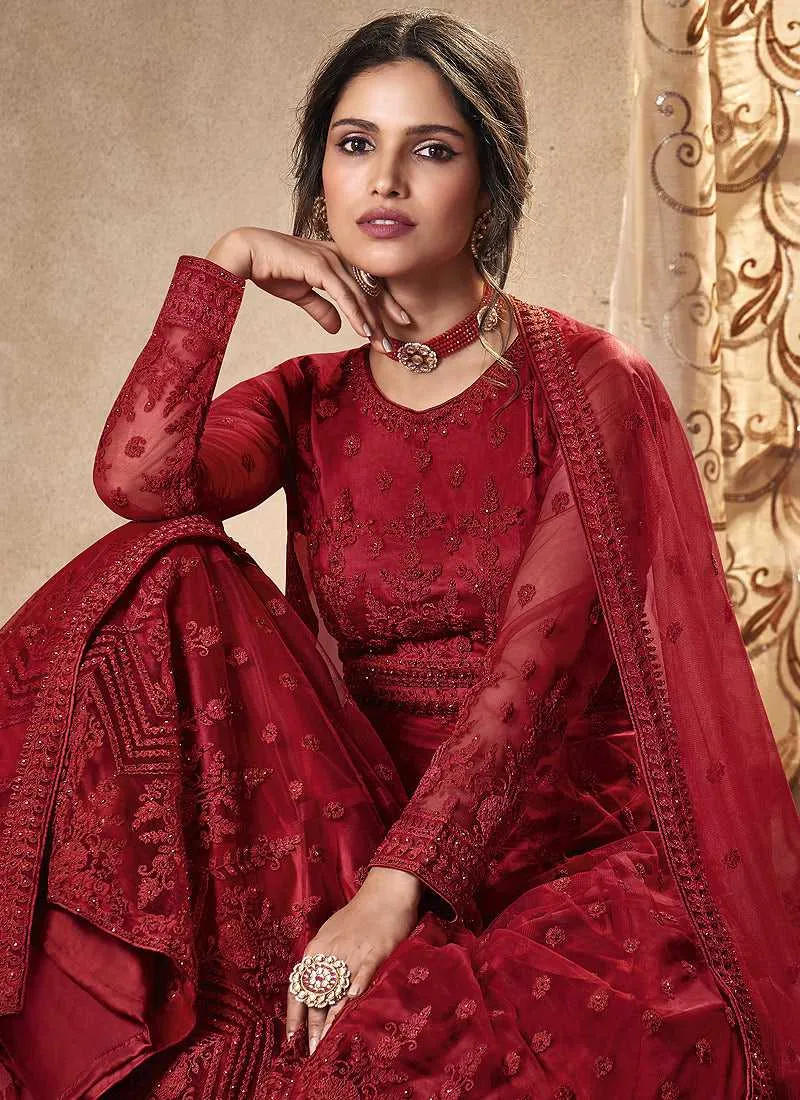 Red Heavy Embroidered Gown Style Anarkali Suit