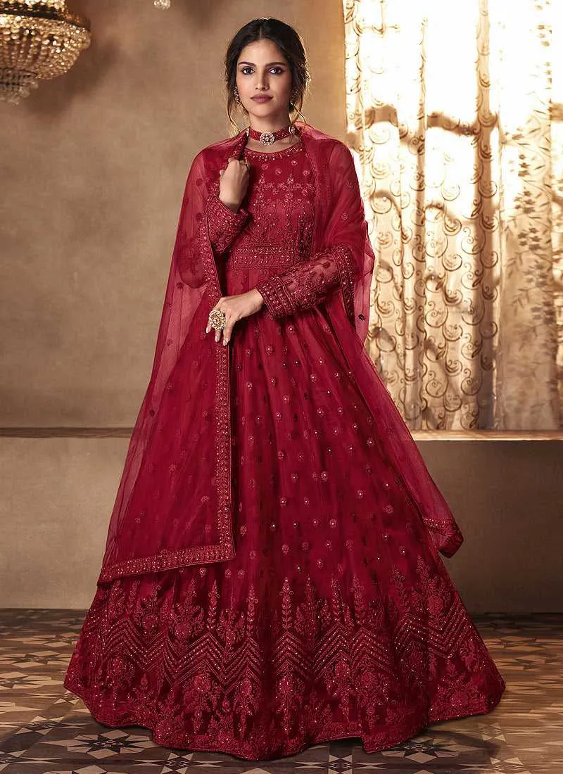 Red Heavy Embroidered Gown Style Anarkali Suit