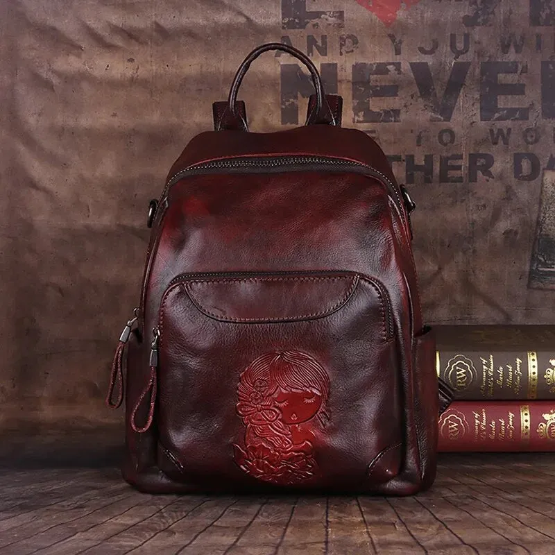 Retro Embossed Leather Backpack Stylish & Functional Everyday Backpack