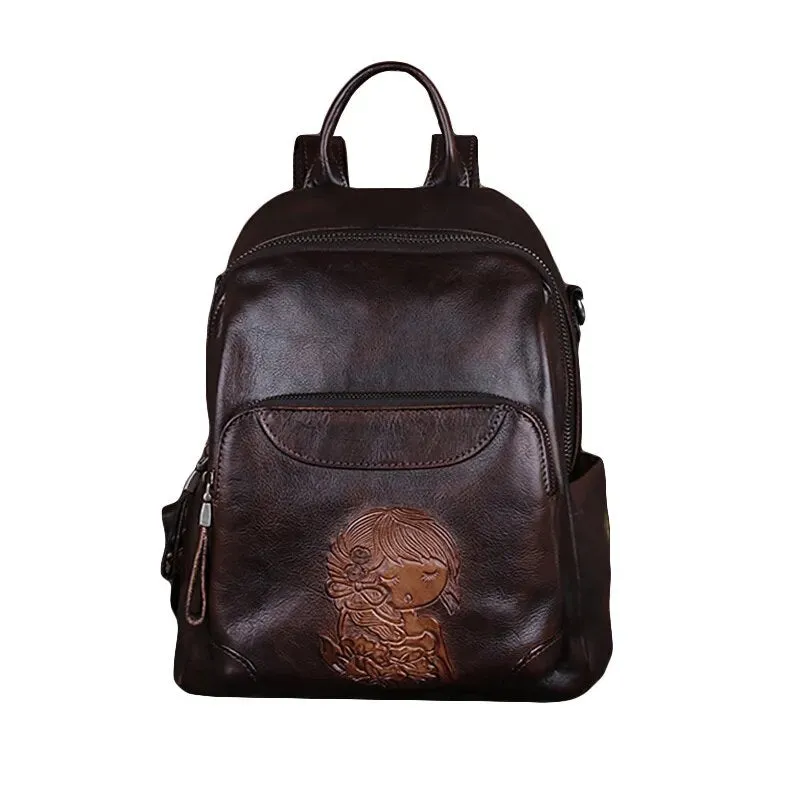 Retro Embossed Leather Backpack Stylish & Functional Everyday Backpack