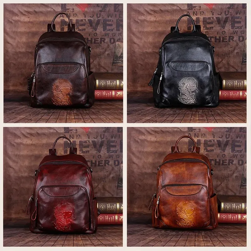 Retro Embossed Leather Backpack Stylish & Functional Everyday Backpack