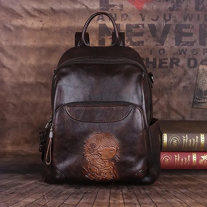 Retro Embossed Leather Backpack Stylish & Functional Everyday Backpack