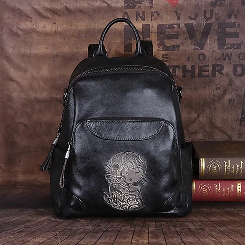 Retro Embossed Leather Backpack Stylish & Functional Everyday Backpack