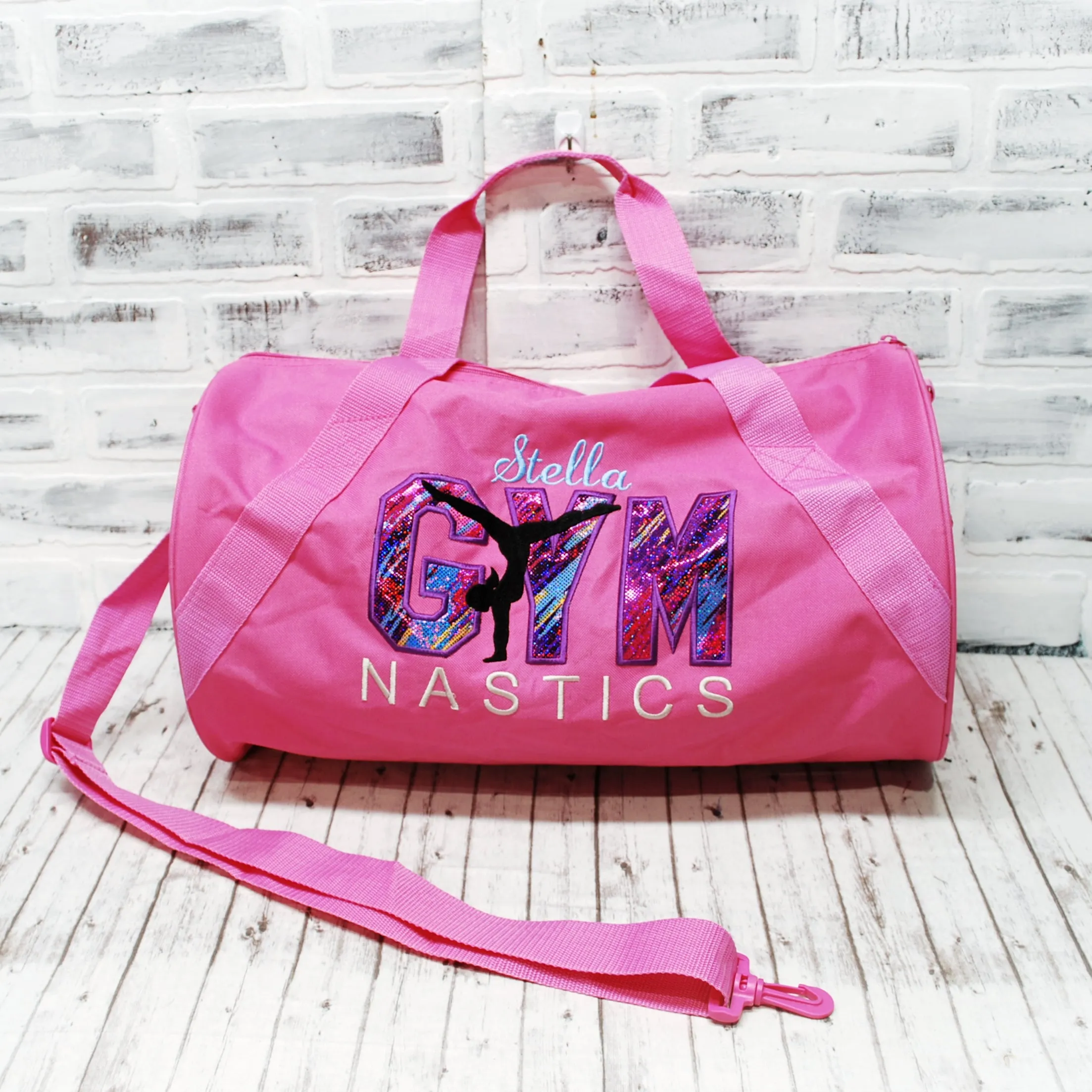 Retro Sparkle Pink Purple Gymnastics Personalized Duffle or Tote Bag