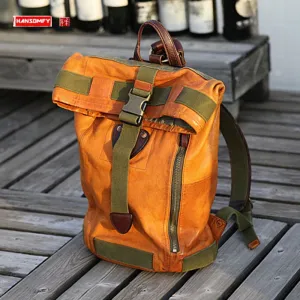 Retro Top Loading Backpack, Canvas & Leather, Black/Green/Maroon, Orange