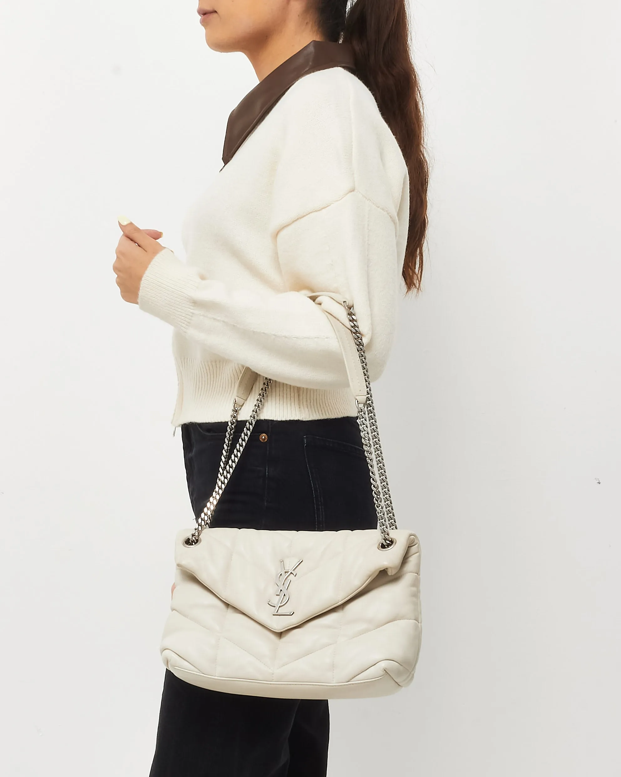 Saint Laurent White Leather Small Loulou Puffer Bag SHW