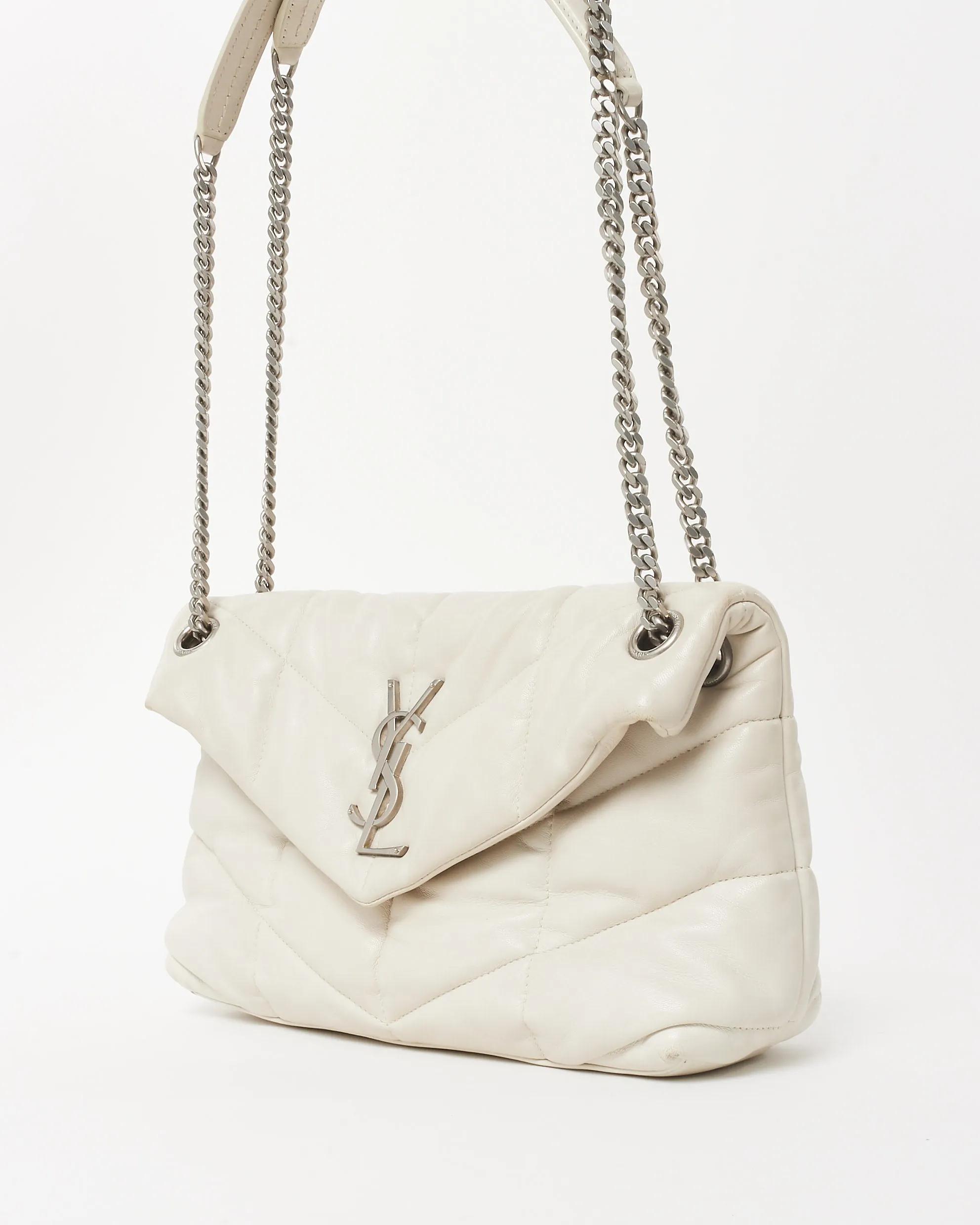 Saint Laurent White Leather Small Loulou Puffer Bag SHW
