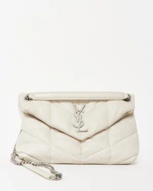 Saint Laurent White Leather Small Loulou Puffer Bag SHW